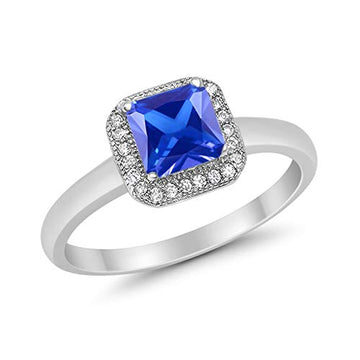 Halo Engagement Ring Princess Cut Simulated Tanzanite CZ 925 Sterling Silver